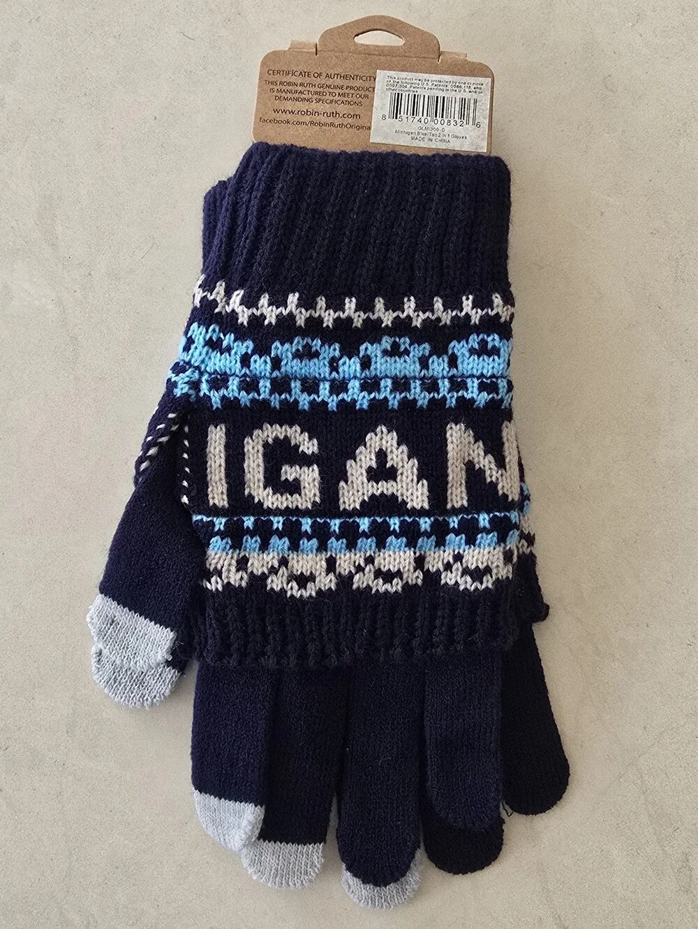 NWT Michigan Knit Finger Gloves - Navy Blue and Cream With Fair Isle Accent - OS